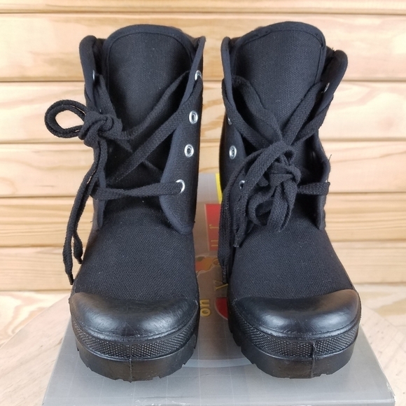Black Canvas Combat Military Biker Moto Ankle Boots Lace up 7.5M Block Heel NEW - Picture 2 of 10